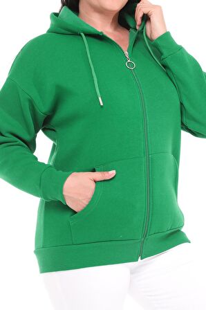 Kadın Büyük Beden Şardonlu Fermuarlı Kalın Yeşil Sweatshirt