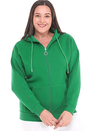Kadın Büyük Beden Şardonlu Fermuarlı Kalın Yeşil Sweatshirt