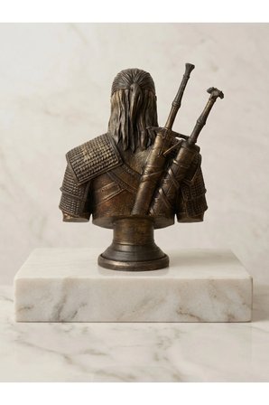 The Witcher Geralt of Rivia Eskitme Bronz Görünümlü Büst - Dekoratif Oyuncu Masası Heykeli