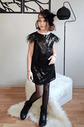 Kolu Tüylü Payetli Kız Çocuk Abiye - Nostalji Kostüm Nostalji Elbisesi Mezuniyet Çocuk Elbisesi