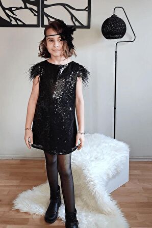 Kolu Tüylü Payetli Kız Çocuk Abiye - Nostalji Kostüm Nostalji Elbisesi Mezuniyet Çocuk Elbisesi