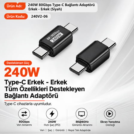 Type-C - Type-C Erkek adaptör PD240w, yüksek hızlı iletim