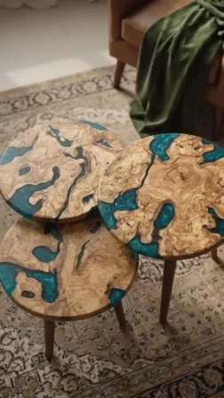 Ahşap & Epoksi 3'lü Zigon Sehpa | 50cm çap | Doğal Ahşap Masif | Yeşil Zeytin