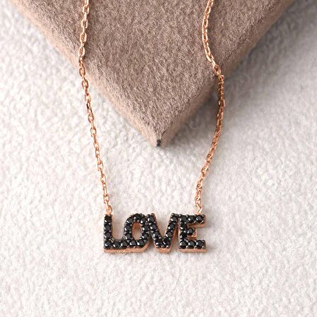 Zirkon Siyah Taşlı Pırlanta Montür Love Yazılı Rose Altın Kaplama Gümüş Kolye