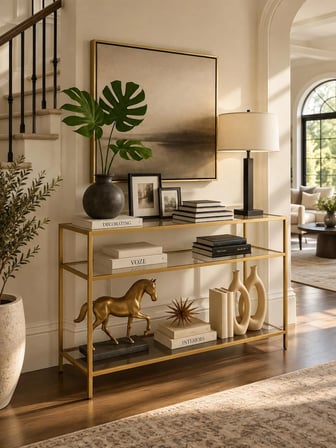 Gold Metal Üç Katlı Şeffaf Cam 100cm Dresuar Modern Salon ve Antre Konsolu