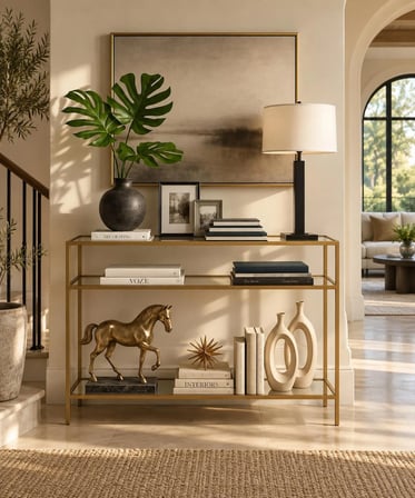 Gold Metal Üç Katlı Şeffaf Cam 100cm Dresuar Modern Salon ve Antre Konsolu