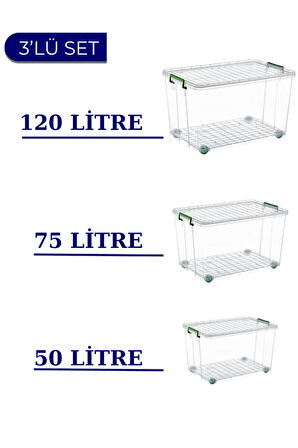 Tekerlekli Saklama Kutusu 3'lü Set 120 Lt - 75 Lt - 50 Lt Ayakkabı/mutfak/banyo Düzenleme