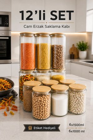 12'li Vakum Kapaklı Cam Kavanoz Erzak Kabı + 111 Adet Etiket
