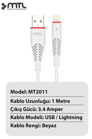 3.4A USB to Lightning iPhone Hızlı Şarj ve Data Kablosu 1 Metre MT2011