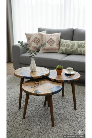 Ahşap & Epoksi 3'lü Zigon Sehpa | 50cm çap | Doğal Ahşap Masif | Antrasit Zeytin