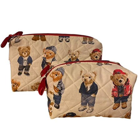 Uretti - Petek 7523  El Yapımı Teddy Bear Temalı 2'li Bakım / Portföy Çantası Seti