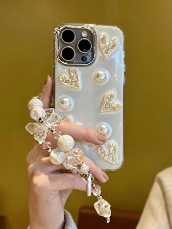 iPhone 15 Promax Uyumlu Lux Işıltılı İnci Charmlı Kalpli Kılıf