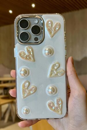 iPhone 15 Promax Uyumlu Lux Işıltılı İnci Charmlı Kalpli Kılıf