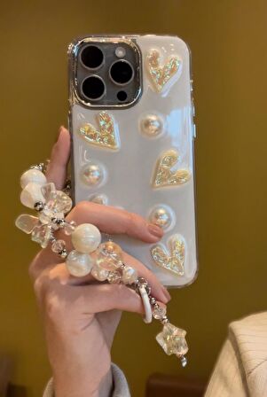 iPhone 15 Promax Uyumlu Lux Işıltılı İnci Charmlı Kalpli Kılıf