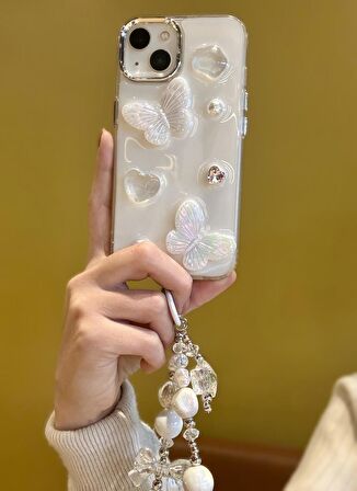 iPhone 13 Uyumlu Lux Işıltılı İnci Charmlı Kelebekli Kılıf