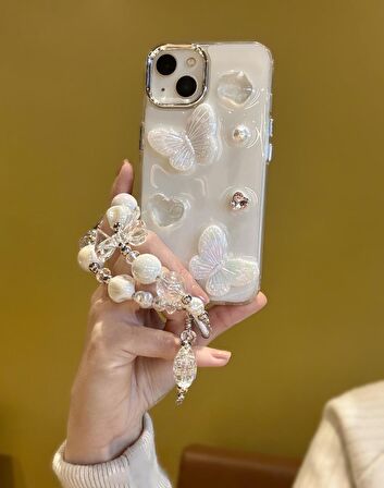 iPhone 13 Uyumlu Lux Işıltılı İnci Charmlı Kelebekli Kılıf