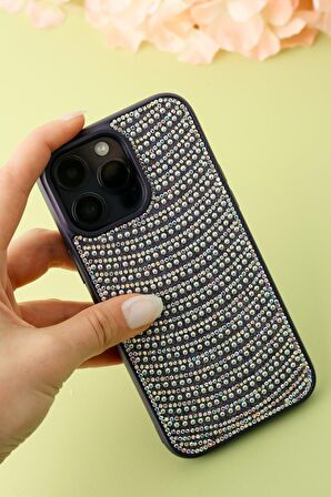 iPhone 14 Promax Uyumlu Mor Pırlanta Taşlı Kılıf