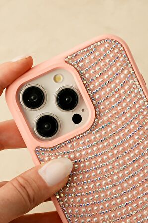 iPhone 15 Promax Uyumlu Pembe Pırlanta Taşlı Kılıf