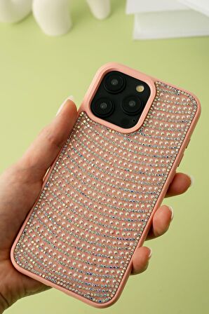 iPhone 15 Promax Uyumlu Pembe Pırlanta Taşlı Kılıf
