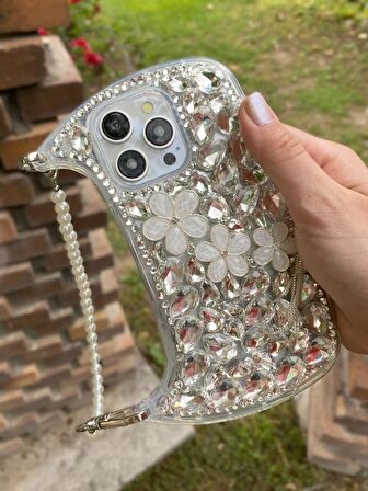 iPhone 14 Promax Uyumlu Kristal Taşlı Çiçekli İnci Askılı Çantalı Kılıf