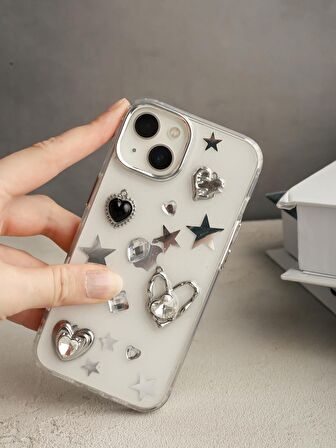 iPhone 15 Uyumlu Yıldızlı Kalpli Taşlı Şeffaf Kılıf