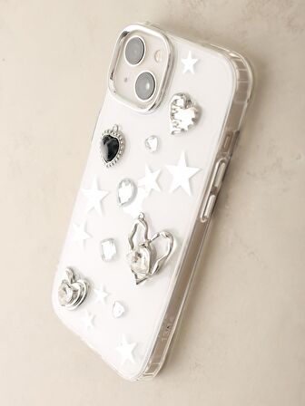 iPhone 15 Uyumlu Yıldızlı Kalpli Taşlı Şeffaf Kılıf