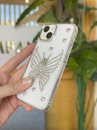 iPhone 13 Uyumlu Hologram Taşlı Kelebek Desenli Şeffaf Kılıf