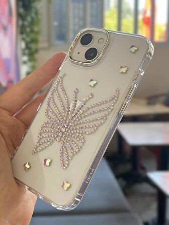 iPhone 13 Uyumlu Hologram Taşlı Kelebek Desenli Şeffaf Kılıf