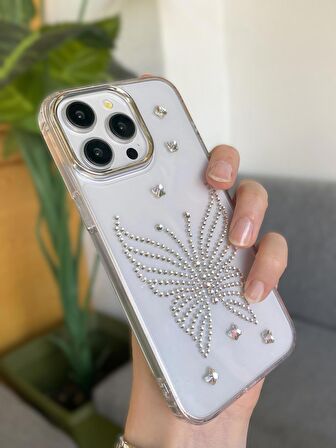 iPhone 14 Promax Uyumlu Gümüş Taşlı Kelebek Desenli Şeffaf Kılıf
