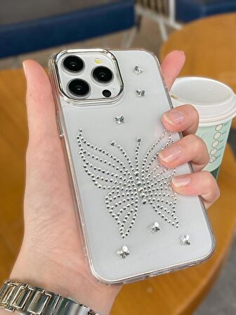iPhone 14 Promax Uyumlu Gümüş Taşlı Kelebek Desenli Şeffaf Kılıf