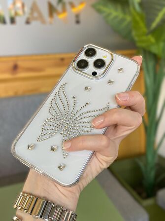 iPhone 14 Promax Uyumlu Gümüş Taşlı Kelebek Desenli Şeffaf Kılıf