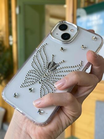 iPhone 15 Uyumlu Gümüş Taşlı Kelebek Desenli Şeffaf Kılıf