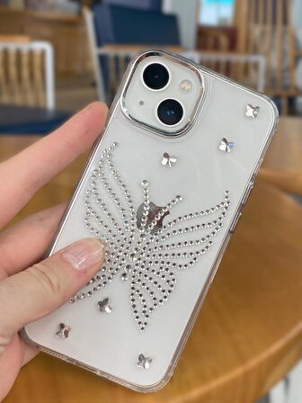 iPhone 15 Uyumlu Gümüş Taşlı Kelebek Desenli Şeffaf Kılıf