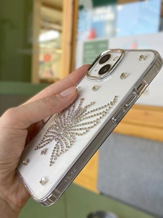 iPhone 15 Uyumlu Gümüş Taşlı Kelebek Desenli Şeffaf Kılıf
