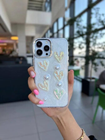iPhone 14 Pro Uyumlu Lux Işıltılı İnci Charmlı Kalpli Kılıf