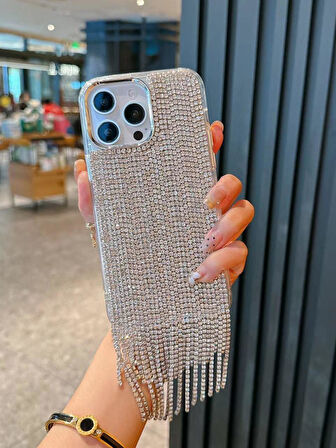iPhone 15 Pro Max Uyumlu Lüks Gümüş Taşlı Püsküllü Kılıf