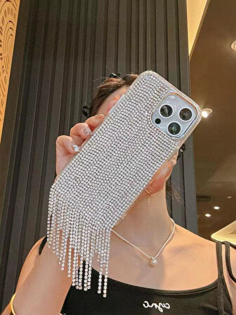 iPhone 15 Pro Max Uyumlu Lüks Gümüş Taşlı Püsküllü Kılıf