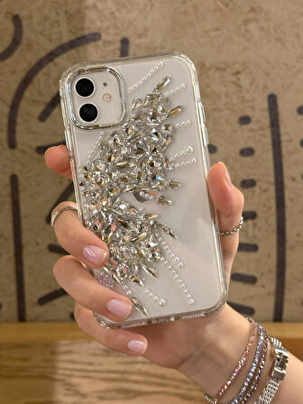 iPhone 11 Uyumlu Gümüş Kristal Taşlı Kelebek Kanadı Desenli Şeffaf Kılıf