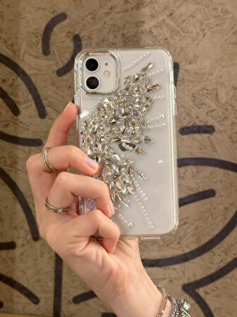 iPhone 11 Uyumlu Gümüş Kristal Taşlı Kelebek Kanadı Desenli Şeffaf Kılıf