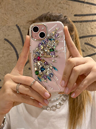 iPhone 15 Uyumlu Renkli Kristal Taşlı Kelebek Kanadı Desenli Şeffaf Kılıf