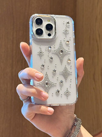 iPhone 14 Pro Max Uyumlu Gümüş Taşlı Kuzey Yıldızı Şeffaf Kılıf