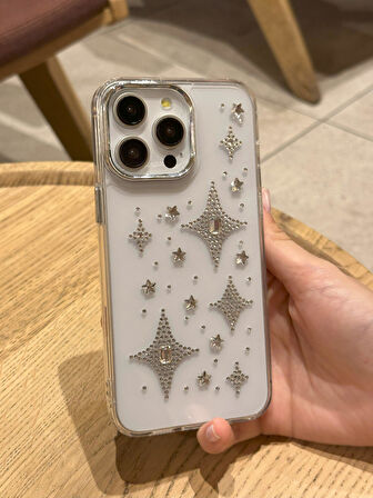 iPhone 14 Pro Max Uyumlu Gümüş Taşlı Kuzey Yıldızı Şeffaf Kılıf