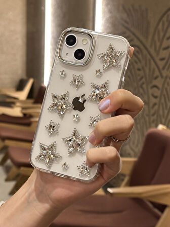 iPhone 14 Uyumlu Gümüş Kristal Taşlı Yıldızlı Şeffaf Kılıf