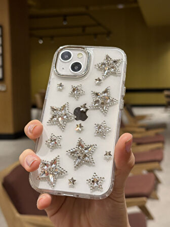iPhone 14 Uyumlu Gümüş Kristal Taşlı Yıldızlı Şeffaf Kılıf