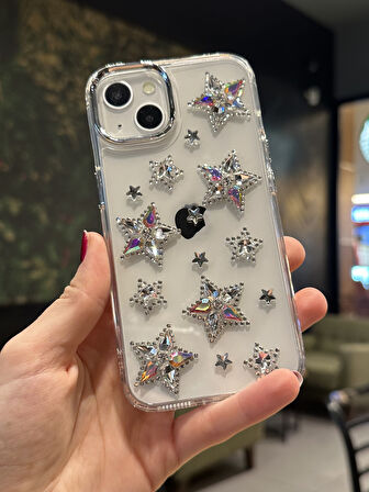 iPhone 15 Plus Uyumlu Hologram Kristal Taşlı Yıldızlı Şeffaf Kılıf