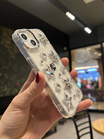 iPhone 15 Plus Uyumlu Hologram Kristal Taşlı Yıldızlı Şeffaf Kılıf