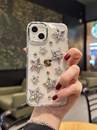 iPhone 15 Plus Uyumlu Hologram Kristal Taşlı Yıldızlı Şeffaf Kılıf