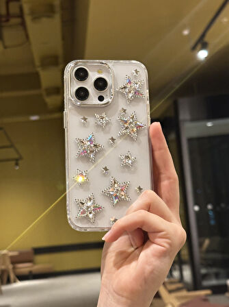 iPhone 15 Pro Max Uyumlu Hologram Kristal Taşlı Yıldızlı Şeffaf Kılıf