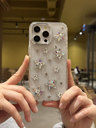 iPhone 15 Pro Max Uyumlu Hologram Kristal Taşlı Yıldızlı Şeffaf Kılıf