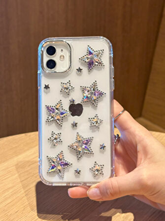 iPhone 11 Uyumlu Renkli Kristal Taşlı Yıldızlı Şeffaf Kılıf